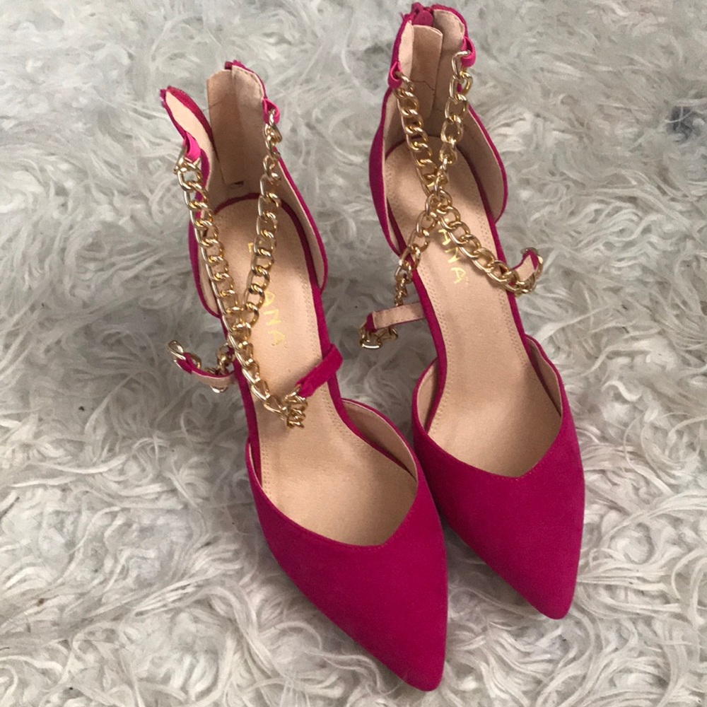 Pink lace up gold chain pointed toe heels